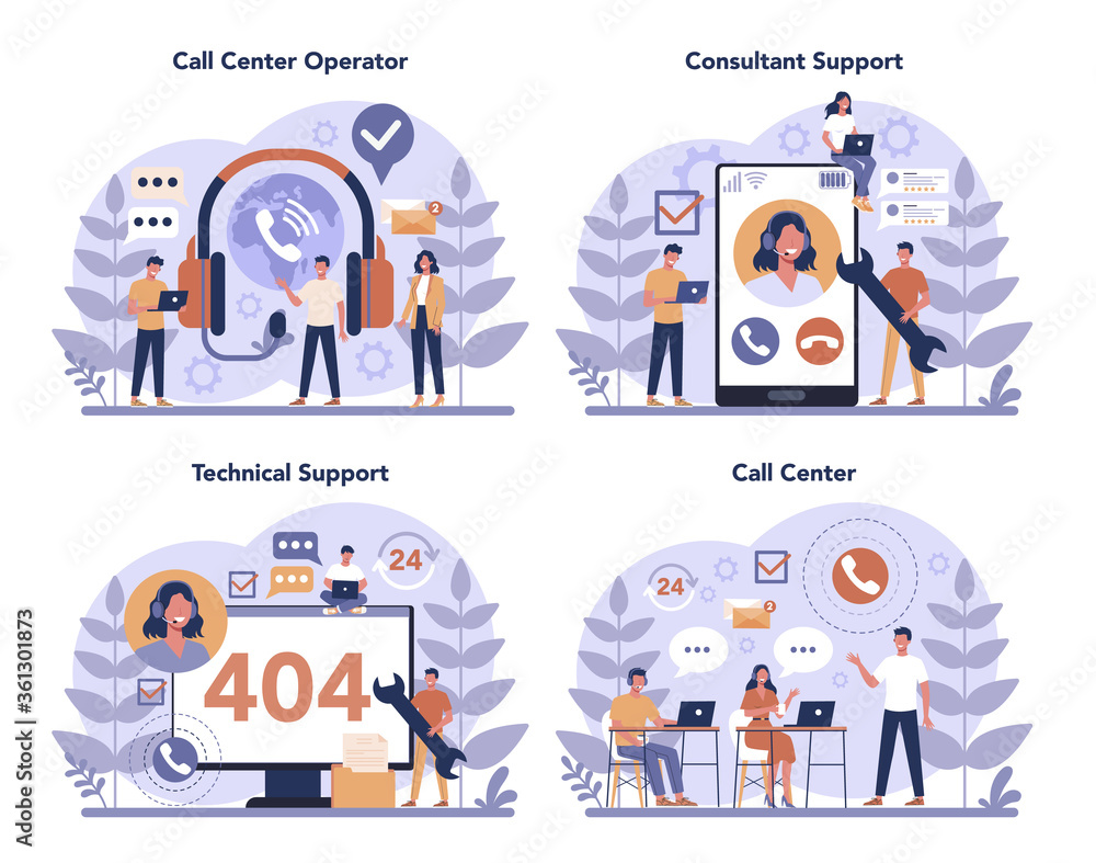 Poster call center or technical support concept set. idea of customer service.