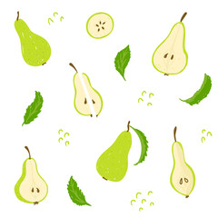 Pear hand drawn vector illustration. pear fruit set. Whole, sliced, cut pear, leaves. Design template