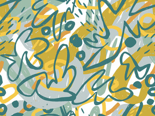 Seamless abstract doodle background pattern in bright summer positive colors. Hand-drawn abstract pattern with randomly arranged spots and dots and lines. Pencil and paint texture.