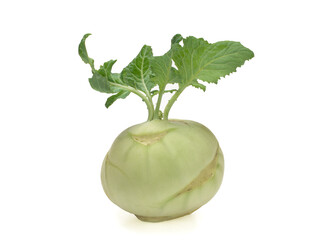 Fresh kohlrabi with green leaves isolated on a white backround