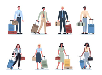 Business people having a business trip set. Female and male character