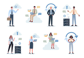 Office people and the cloud technology. Data information exchange,