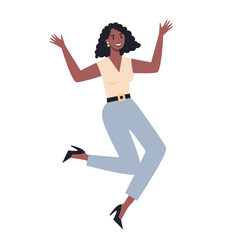 Jumping business woman. Happy and successful employee in a suit.