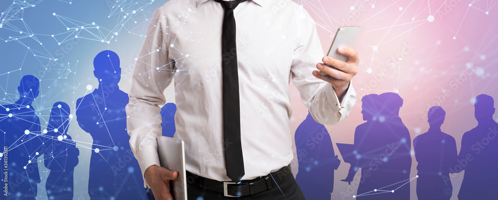 Poster closeup of businessman holding mobile phone and tablet computer, collage with polygonal network and 