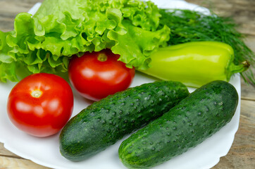 beautiful fresh, juicy vegetables on a white plate: fresh peppers, tomatoes, cucumbers, lettuce, dill