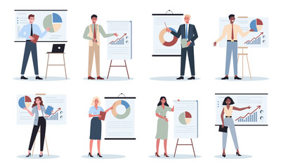 Business character making presentation in front of group of co-worker