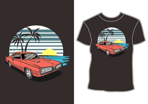 Car summer sunset beach sea nature line graphic illustration art t-shirt design
