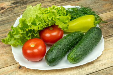 beautiful fresh, juicy vegetables on a white plate: fresh peppers, tomatoes, cucumbers, lettuce, dill