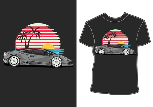 Car summer sunset beach sea nature line graphic illustration art t-shirt design