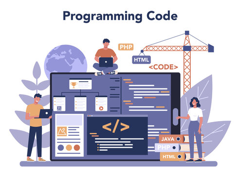 Web programming online service or platform. Coding, testing