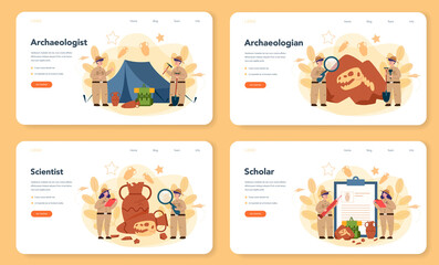 Archaeologist web banner or landing page set. Ancient history