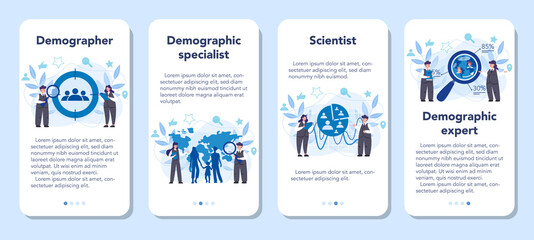Demographer mobile application banner set. Scientist studying