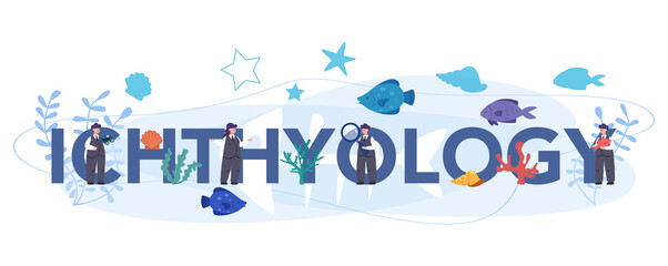 Fototapeta premium Ichthyology typographic header concept. Oceanic fauna scientist.