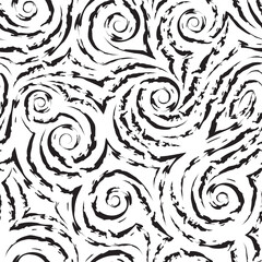 Vector seamless black texture in the form of spirals and curls of waves and splashes on a white background. Swirl or flow in the form of smooth lines with torn edges. Texture for fabric and paper