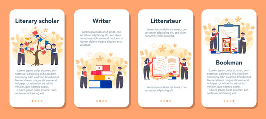 Fototapeta premium Literary scholar or critic mobile application banner set. Scientist