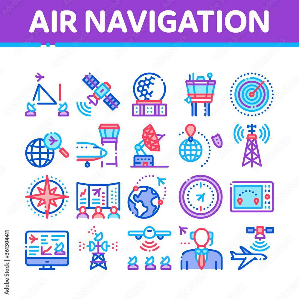Poster air navigation tool collection icons set vector. air navigation dispatcher and traffic control build