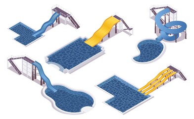 Isometric set of water slides with pools. For hotels, water parks, villas and aqua water parks. 3d collection