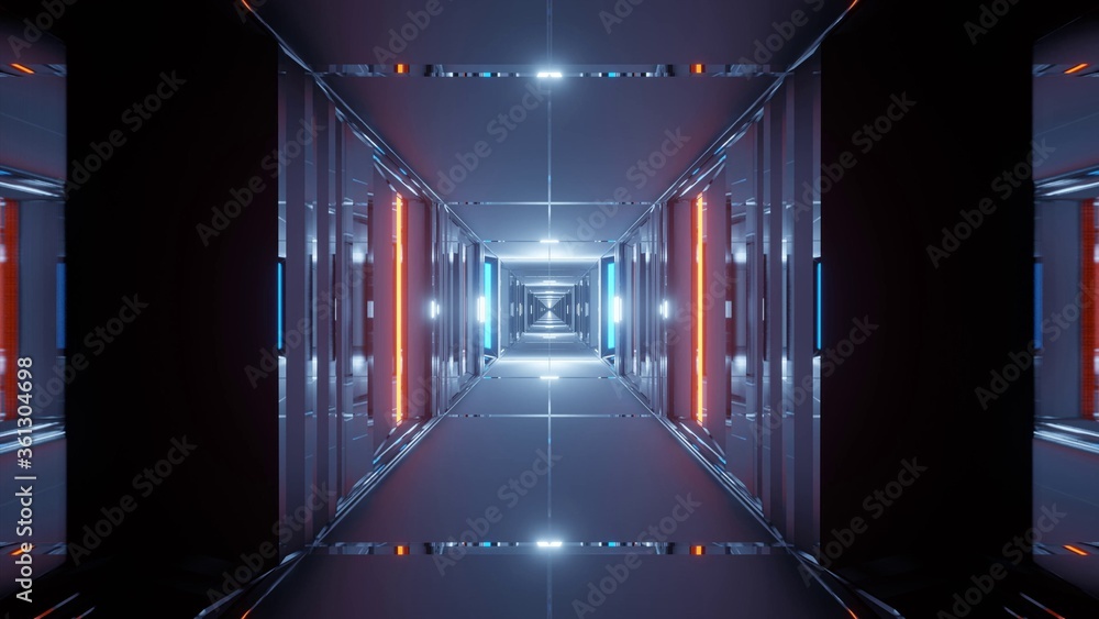 Poster 3d rendering of linear orange lights and a cube in the center - futuristic concept