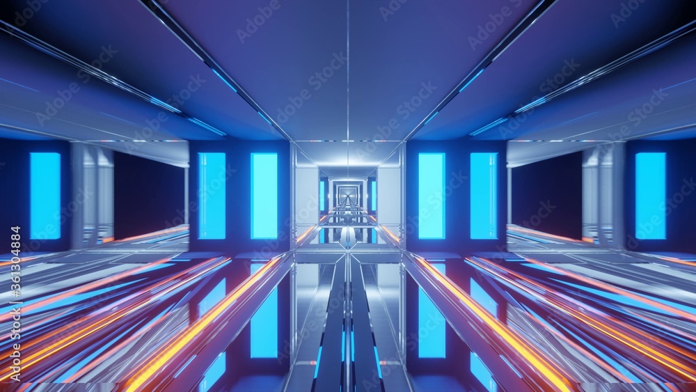 Aufkleber 3d rendering of blue lights shaping rectangles and a cube in the center - futuristic concept