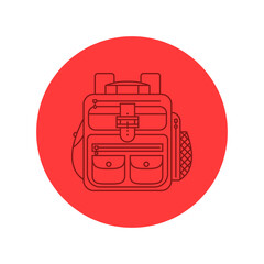 Rucksack or schoolbag with pockets and zipper element. Education and study backpack for students and traveling icon. Tourism bag. Front view. Flat line art illustration isolated on circle background