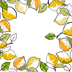 Frame with hand drawn lemons on white background. Healthy vegan food, tropical theme