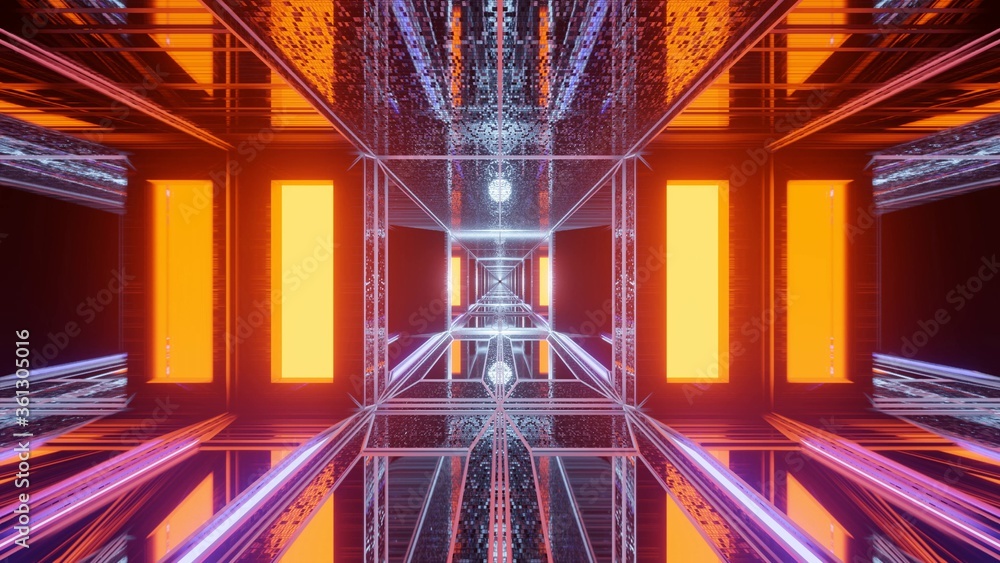 Poster 3d rendering of orange lights shaping rectangles and a cube in the center - futuristic concept