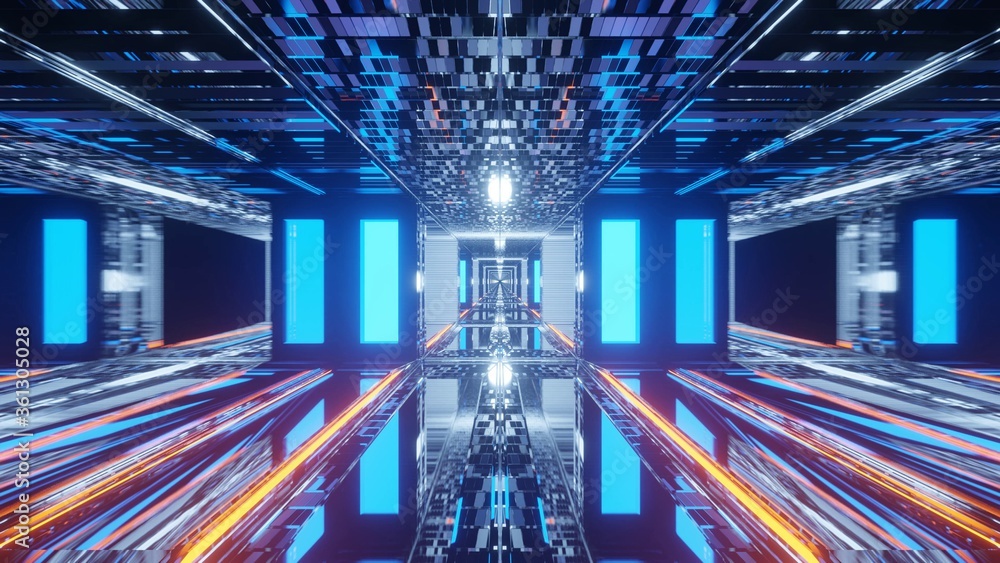 Poster 3d rendering of blue lights shaping rectangles and a cube in the center - futuristic concept