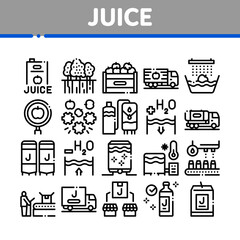 Juice Production Plant Collection Icons Set Vector. Juice Package And Bottle, Fruit In Box And Tree Garden, Factory Conveyor And Packaging Concept Linear Pictograms. Monochrome Contour Illustrations