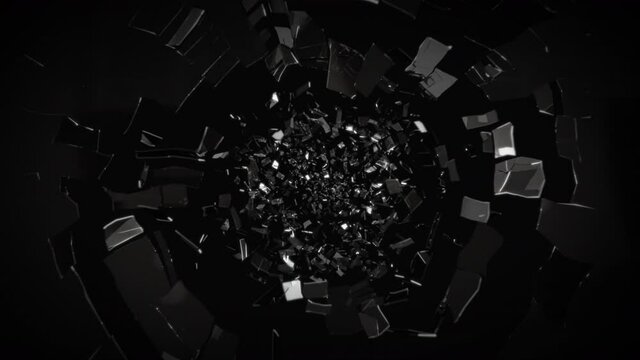 Hi speed shatter mirror cracking in slow motion top view with 3d rendering.