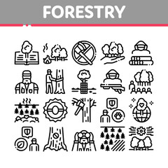 Forestry Lumberjack Collection Icons Set Vector. Forestry Working Equipment And Tree Safe Fence, Animal And Forest Protection Concept Linear Pictograms. Monochrome Contour Illustrations