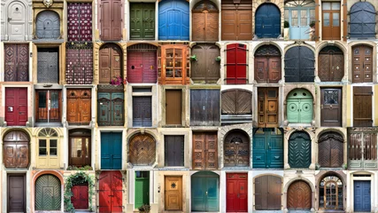 Sheer curtains Old door Creative collage with multitude of colorful ancient front house doors