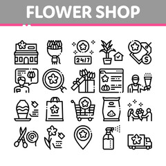 Flower Shop Boutique Collection Icons Set Vector. Flower Store Building And Delivery, Floral Present And Vase, Internet Web Site And Bag Concept Linear Pictograms. Monochrome Contour Illustrations
