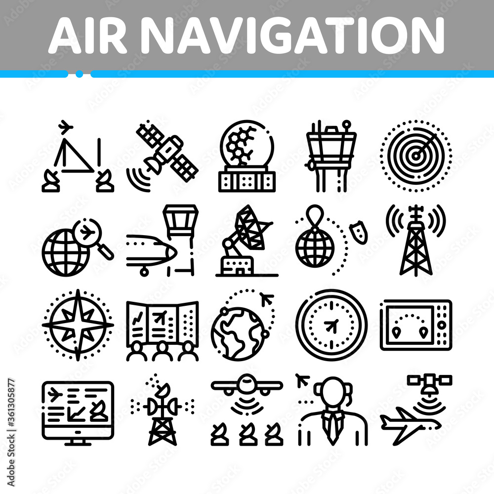 Poster air navigation tool collection icons set vector. air navigation dispatcher and traffic control build