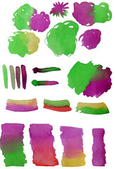 Collection of stains hand painted with watercolor isolated on white background. Bundle of paint blots of different shape and color. Set of aquarelle design elements