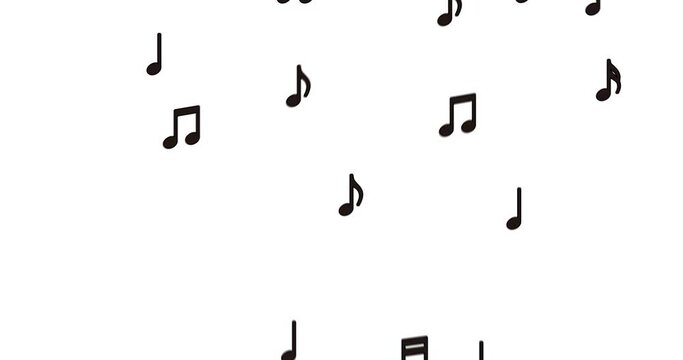 Flying Musical Notes 2d, animation, cartoon, illustration, clip art, vector. Web page sign in black and white. Alpha channel. Time lapse.