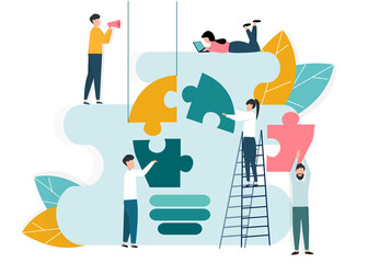 Business collaboration and innovation. People building light bulb from puzzle pieces, vector illustration in flat style