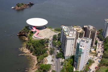 Aerial shot of Niteroi Contemporary Art Museum in Niteroi, Rio de Janeiro, Brazil