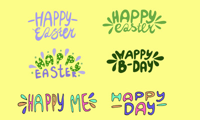 Hand written lettering Happy Easter and Birthday text. Vector illustration of positive quotation isolated on yellow background. Template for greeting card, poster or print