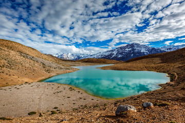 Fototapeta na wymiar Dhankar Lake in Himalayas. Spiti Valley, Himachal Pradesh, India