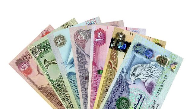 United Arab Emirates Currency Dirhams Banknotes Looping Background stock video.
The United Arab Emirates dirham, Emirati dirham, AED currency of the United Arab Emirates. 