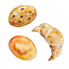 watercolor culinary cookies, bun and croissant