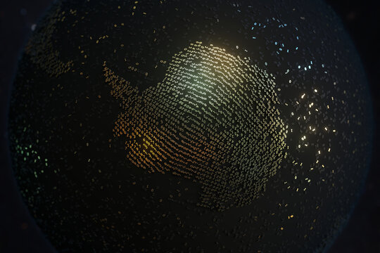 Antarctica Made Of Gold Numbers On The Globe. Digital Research Related Conceptual 3D Rendering