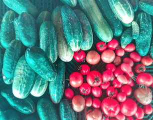 Garden vegetables crop of cucumbers and tomatoes. Background, flat lay, top view.
