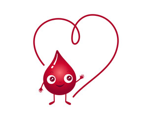 Vector illustration of blood drop character with heart. Cute and kind little red droplet. Good for logo, stickers, poster, paper cards for world blood donor day 14th june.
