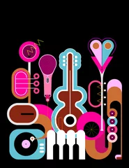 Keuken achterwand Abstracte kunst Vlakke stijl gekleurd ontwerp geïsoleerd op een zwarte achtergrond Muziekinstrumenten vectorillustratie. Kunstsamenstelling van gitaar, saxofoon, pianotoetsenbord, trompet, microfoon en grammofoon.  ©  danjazzia