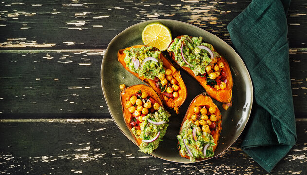 Vegan Food: Baked Sweet Potato Stuffed With Tomatoes, Chickpeas, Onion And Avocado