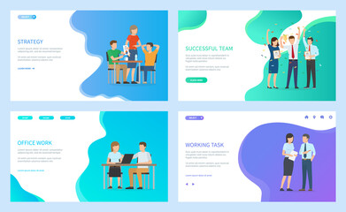 Fototapeta premium Successful team, people celebrating achievements and success, man and woman at work, meeting and discussion. Winners of business case set , website or webpage template, landing page flat style