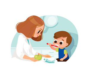 Boy brushing his teeth with toothpaste in a dentist's office. Dental care. Proper teeth cleaning. Daily hygiene routines.