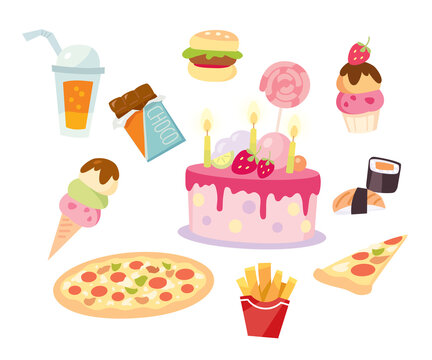 Fast food set. Meals isolated on white background. Cake, pizza,ice-cream,chocolate.