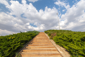 Fototapeta premium Angled closeup of stairs surrounded by greenery, blue sky with white clouds, horizontal